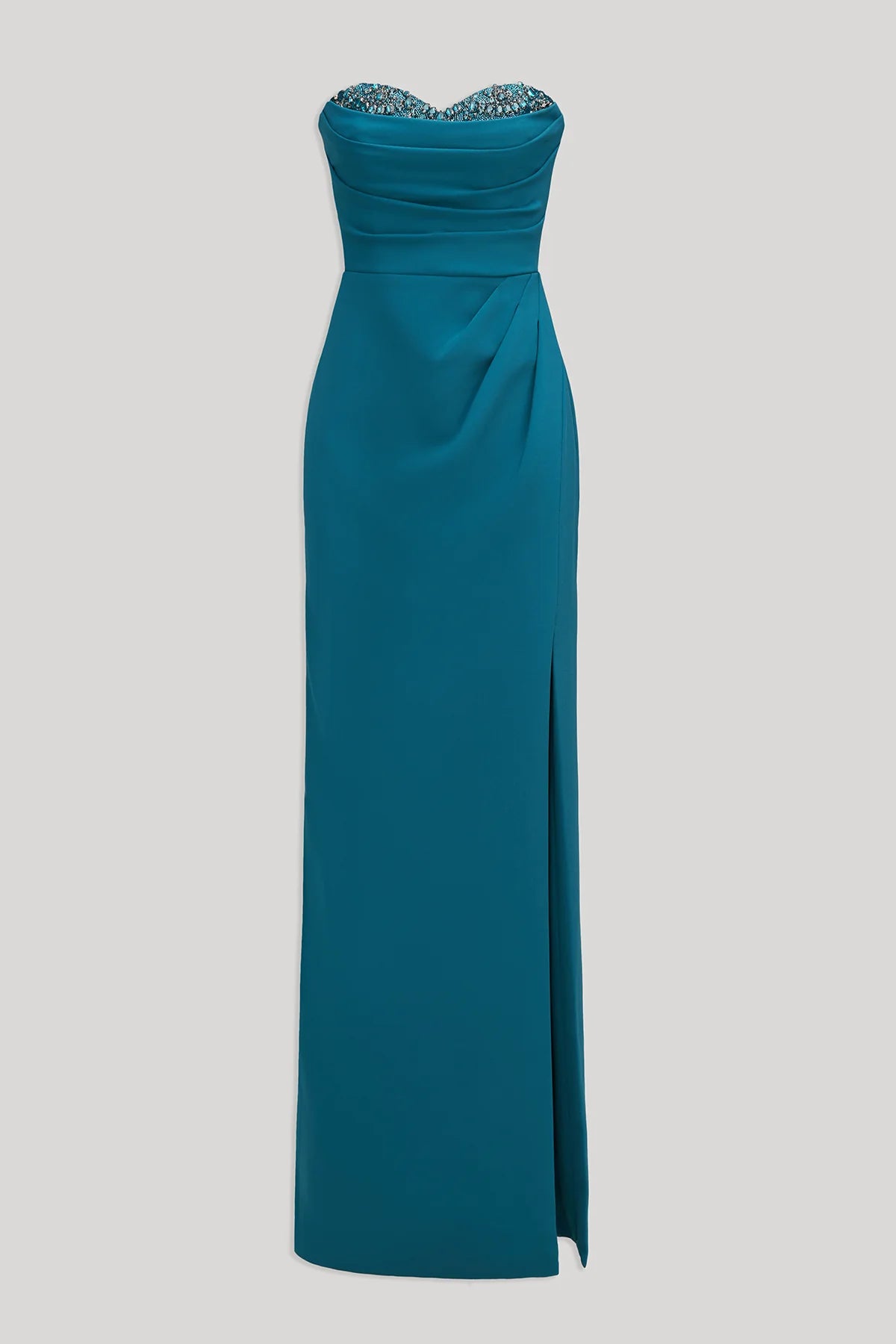 Teal Crepe Sheath Strapless Sweetheart Neck Beaded Bust High Slit Floor Length Formal Evening Prom Dress