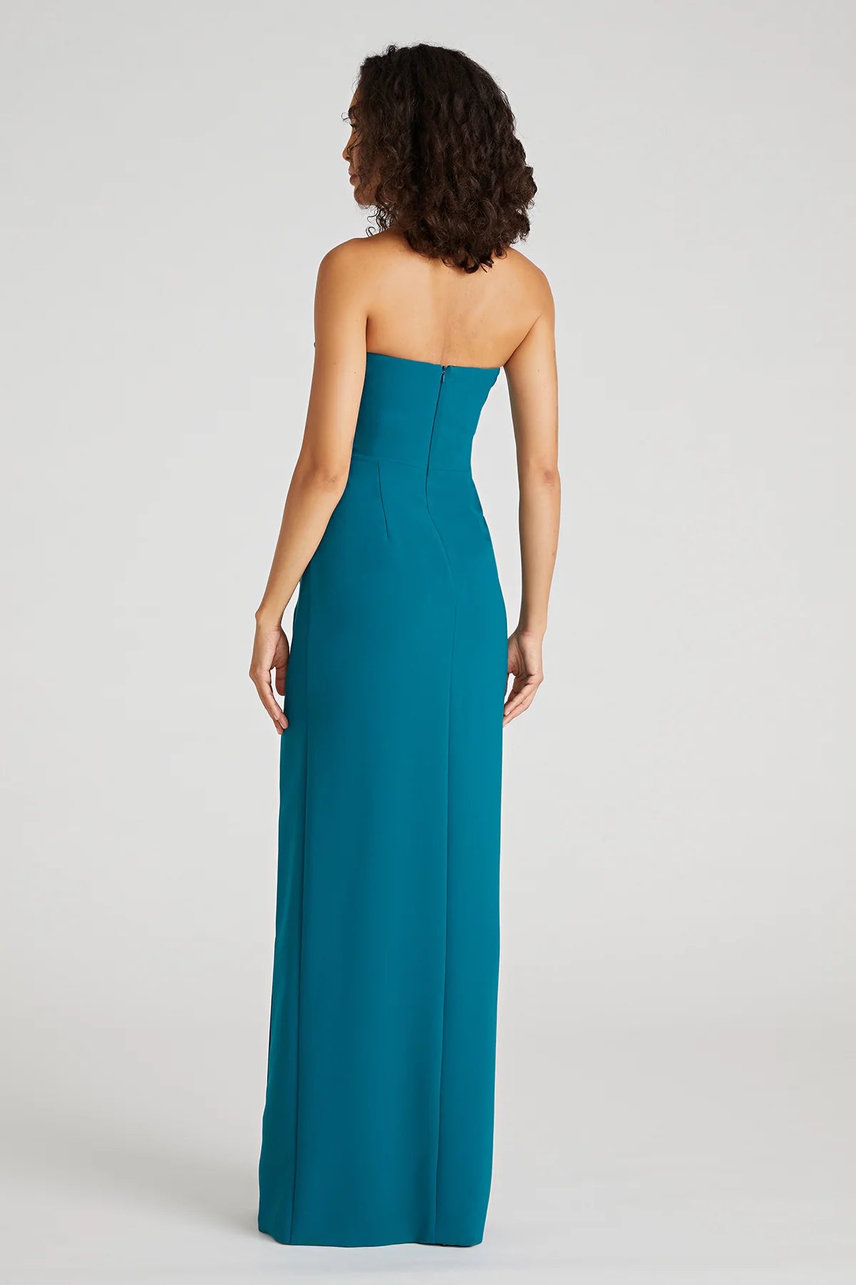 Teal Crepe Sheath Strapless Sweetheart Neck Beaded Bust High Slit Floor Length Formal Evening Prom Dress