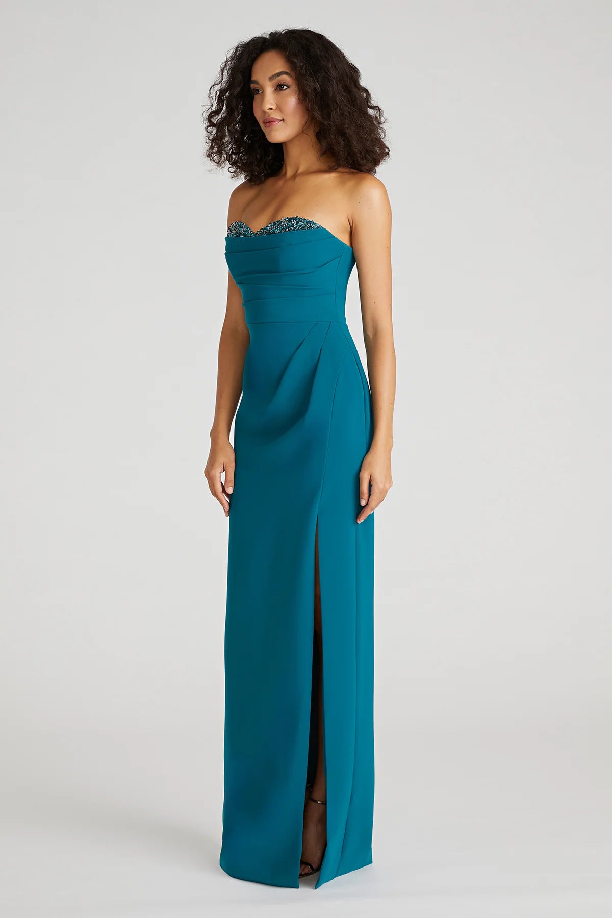 Teal Crepe Sheath Strapless Sweetheart Neck Beaded Bust High Slit Floor Length Formal Evening Prom Dress