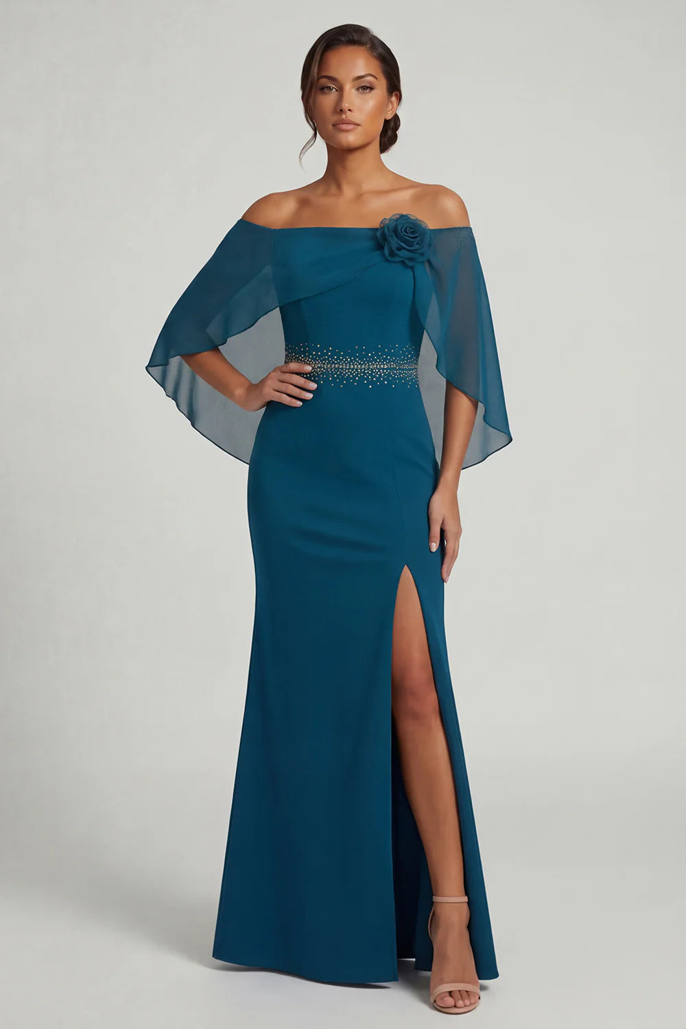 Teal Off Shoulder Prom Dress With Sheer Capelet And Beaded Waist Mermaid Silhouette Formal Prom Dress