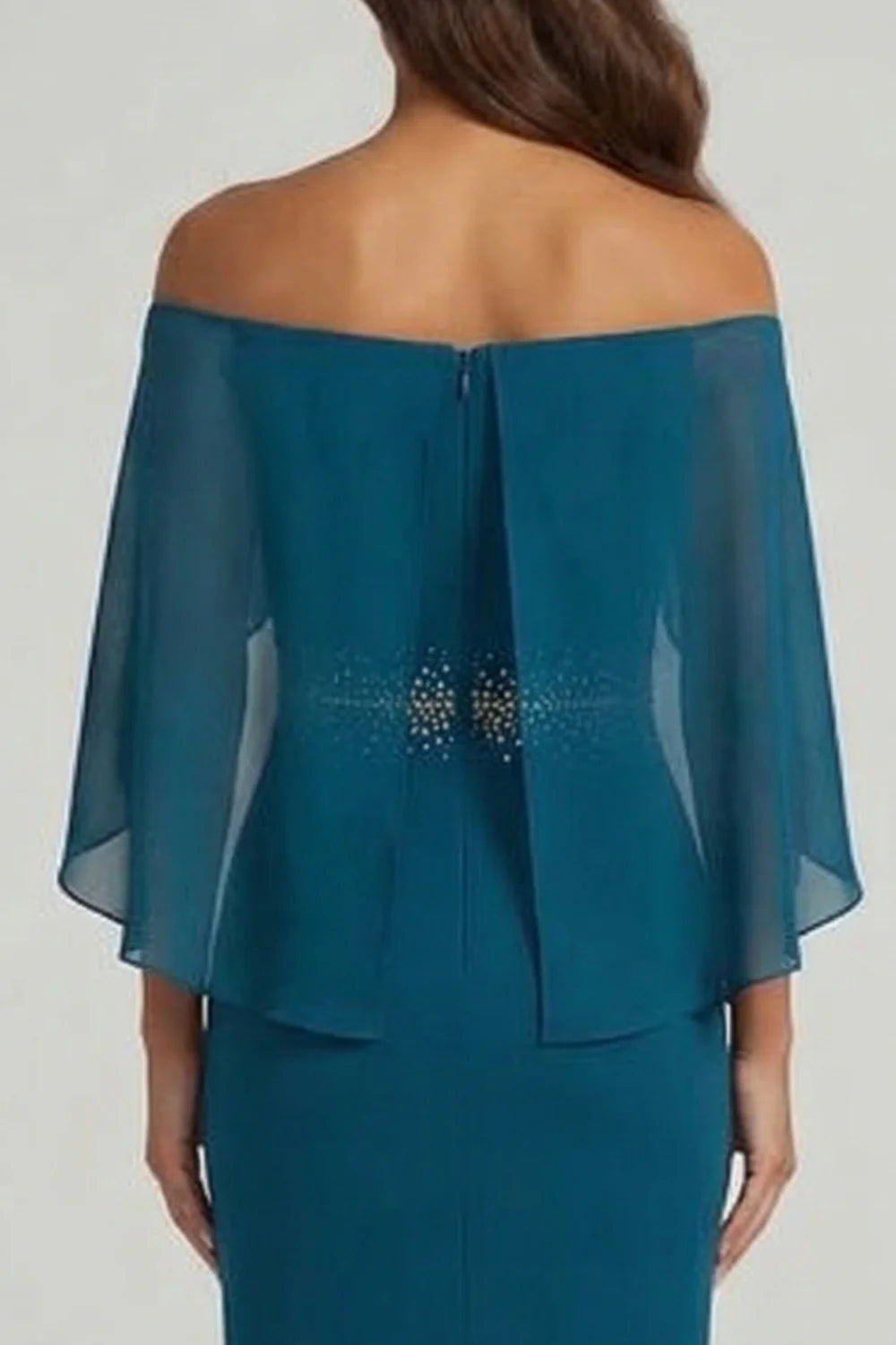 Teal Off Shoulder Prom Dress With Sheer Capelet And Beaded Waist Mermaid Silhouette Formal Prom Dress