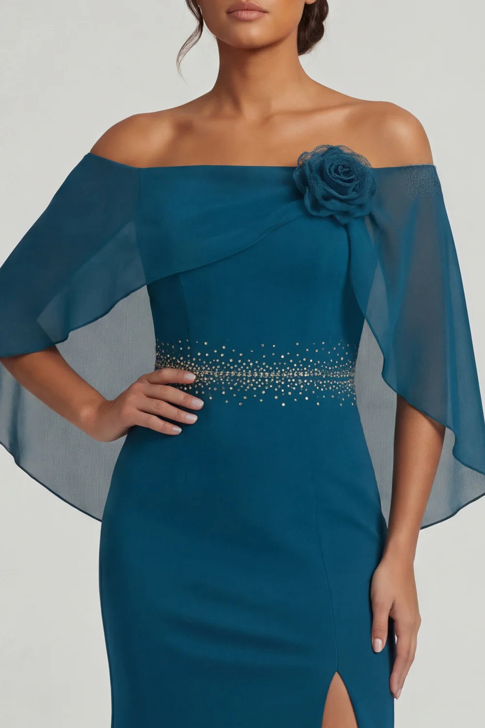 Teal Off Shoulder Prom Dress With Sheer Capelet And Beaded Waist Mermaid Silhouette Formal Prom Dress