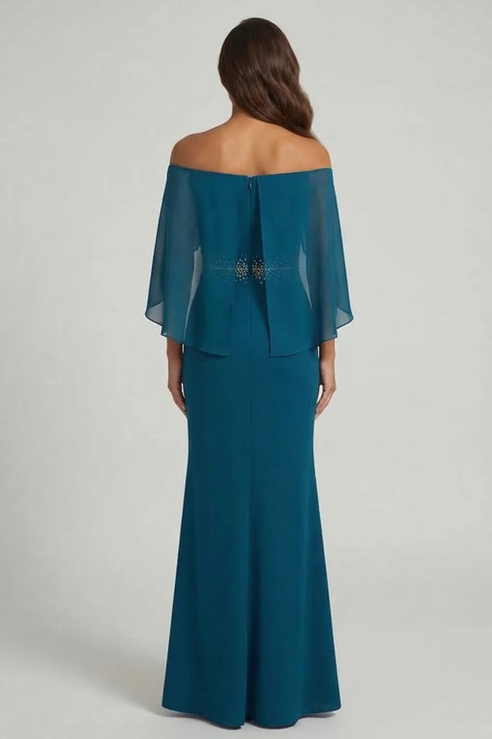 Teal Off Shoulder Prom Dress With Sheer Capelet And Beaded Waist Mermaid Silhouette Formal Prom Dress