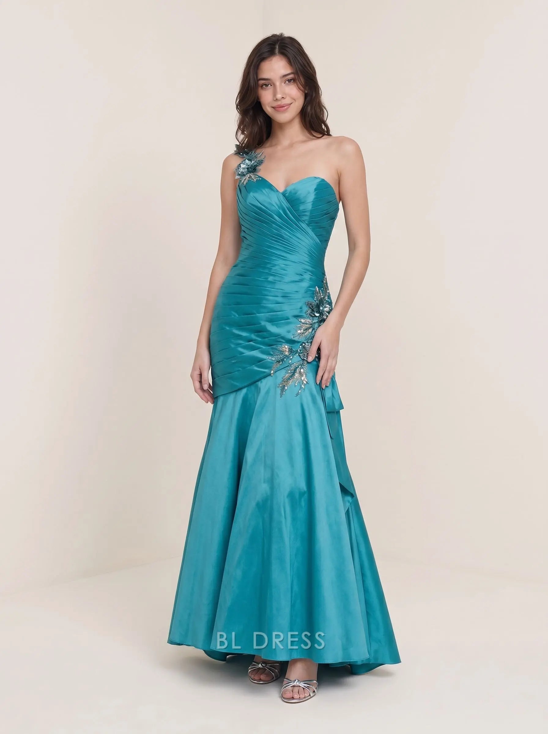 Teal One Shoulder Pleated Satin Floral Beaded Applique Lace Up Back Mermaid Floor Length Prom Dress
