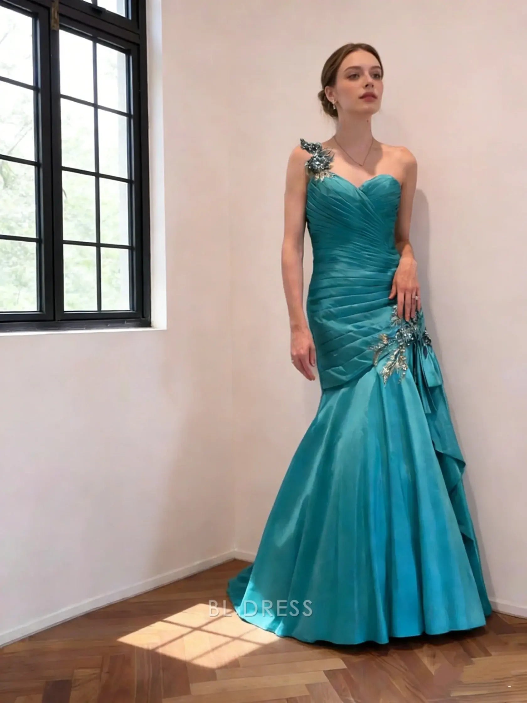Teal One Shoulder Pleated Satin Floral Beaded Applique Lace Up Back Mermaid Floor Length Prom Dress