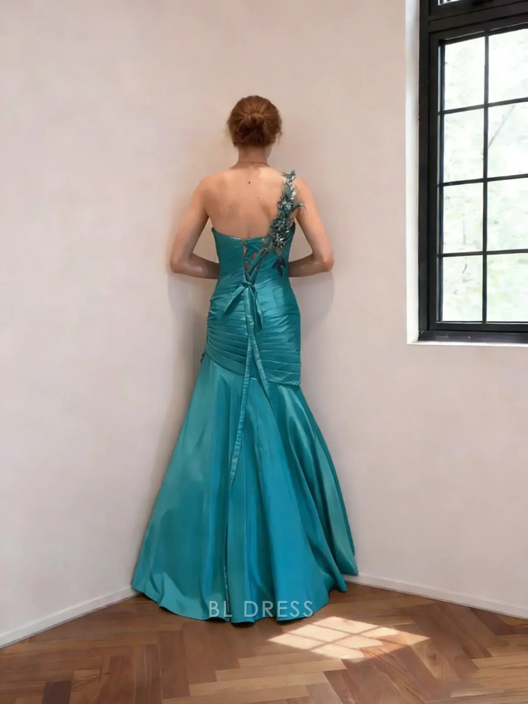 Teal One Shoulder Pleated Satin Floral Beaded Applique Lace Up Back Mermaid Floor Length Prom Dress