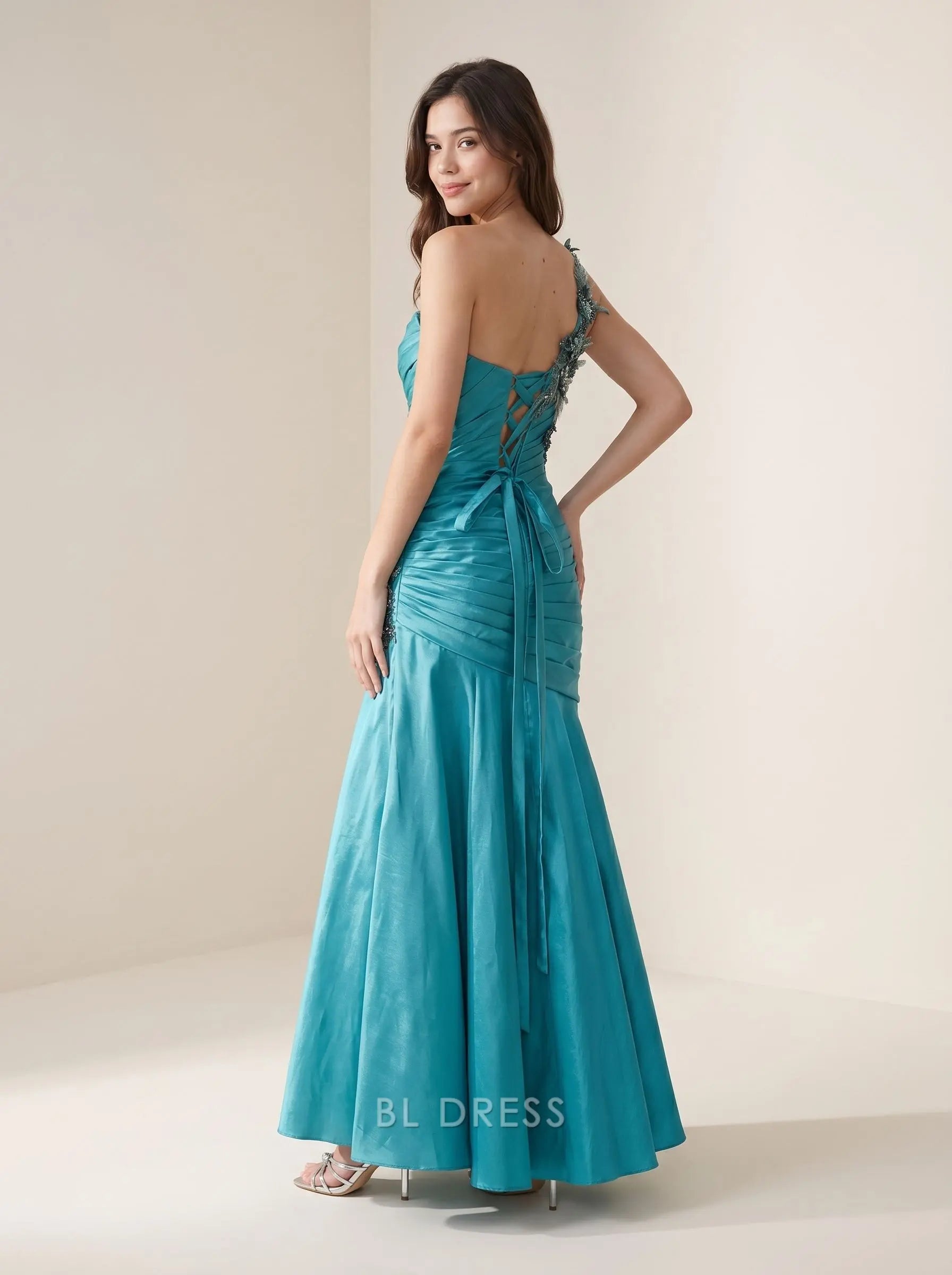 Teal One Shoulder Pleated Satin Floral Beaded Applique Lace Up Back Mermaid Floor Length Prom Dress