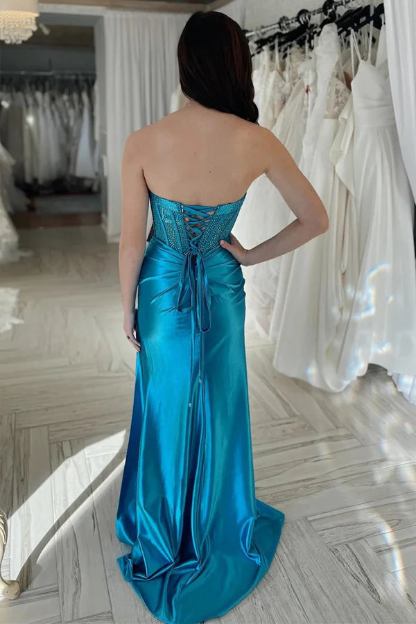 Sheath Strapless Prom Dresses Formal Dress with Slit