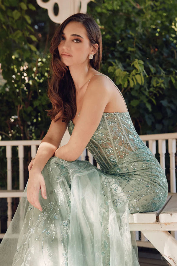 Teal Sequin V-Neck Satin Mermaid Evening Dresses with Lace-Up Back