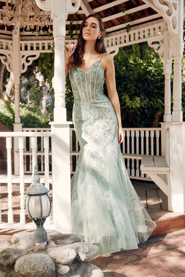 Teal Sequin V-Neck Satin Mermaid Evening Dresses with Lace-Up Back