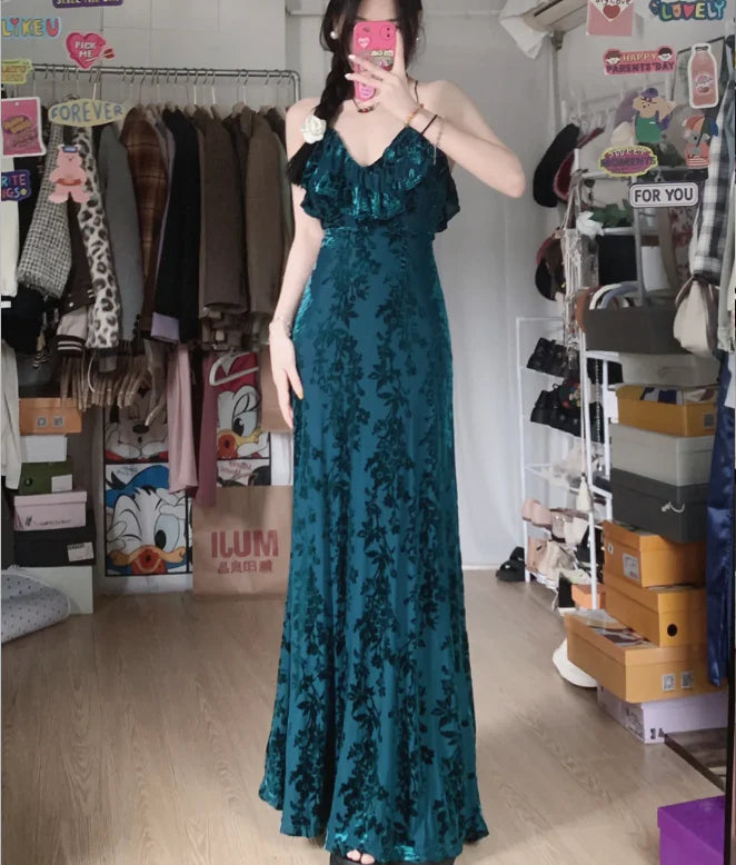 Teal Velvet Floral Burnout Spaghetti Strap V-Neck Maxi Prom Dress