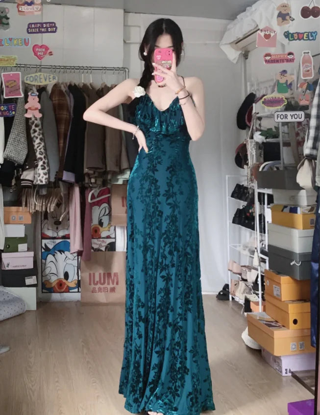 Teal Velvet Floral Burnout Spaghetti Strap V-Neck Maxi Prom Dress