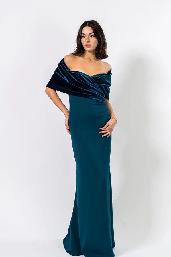 Teal Velvet Off The Shoulder Mermaid Back Zipper Floor Length Formal Evening Prom Dress