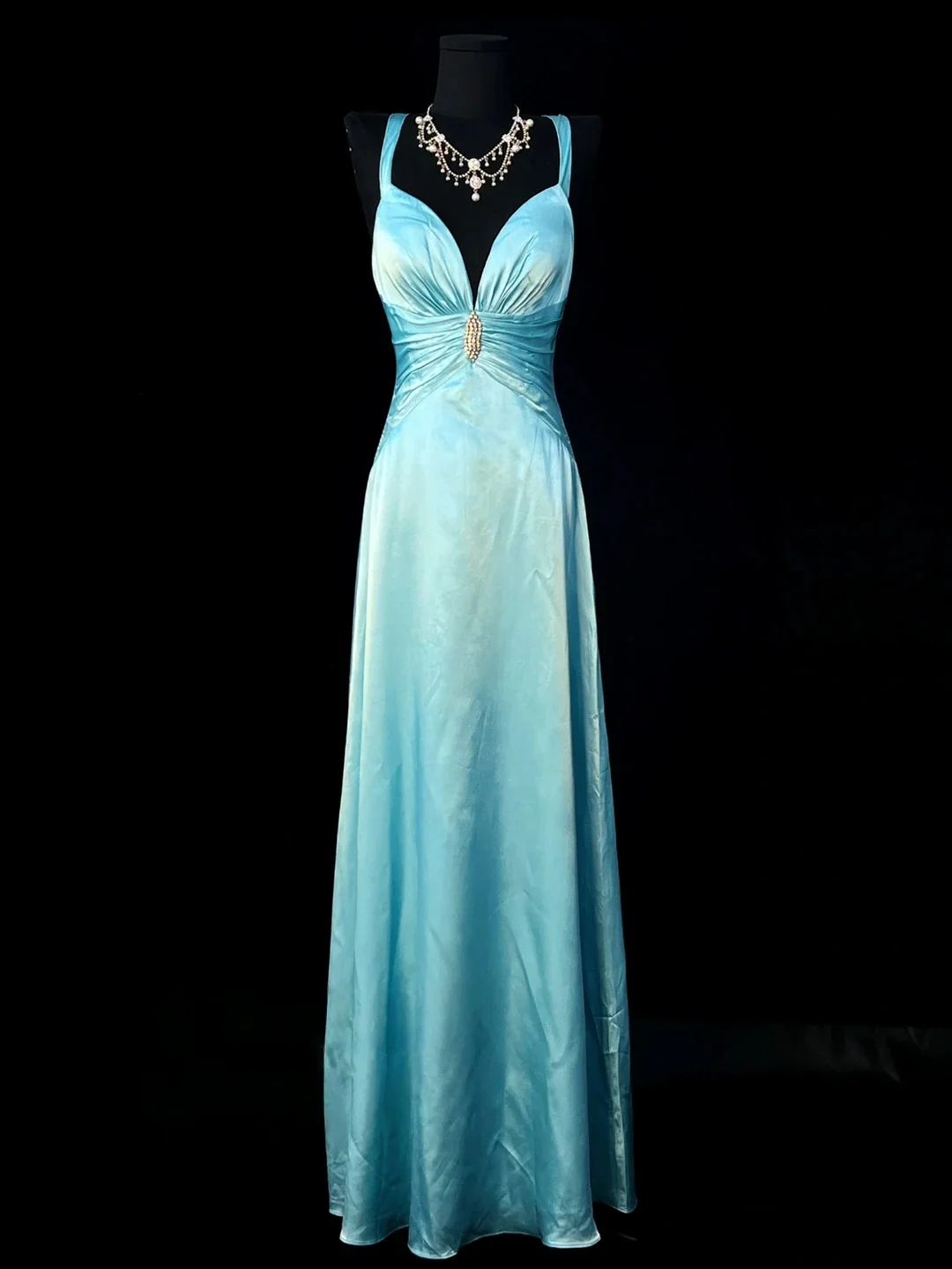 Tiffany Blue Spaghetti Strap Prom Dress With Beaded Detail And Open Back Satin A Line Formal Prom Dress