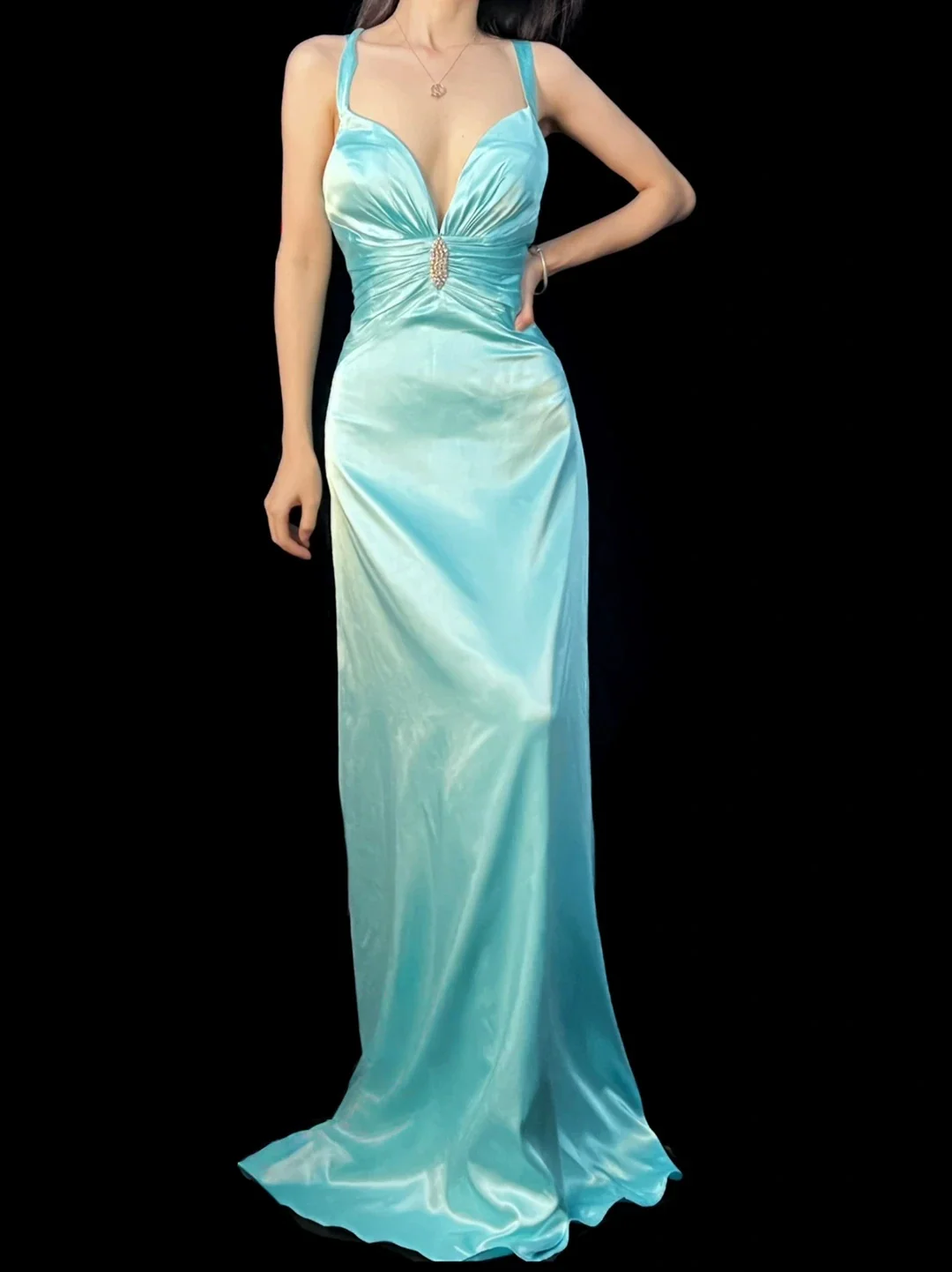 Tiffany Blue Spaghetti Strap Prom Dress With Beaded Detail And Open Back Satin A Line Formal Prom Dress