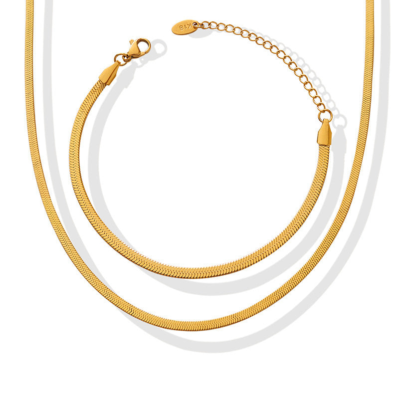 Titanium steel blade chain necklace and matching bracelet jewelry set on a white background.