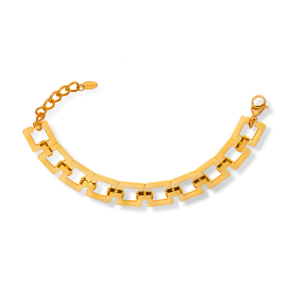 Close-up of the square design on a gold-plated titanium steel bracelet.
