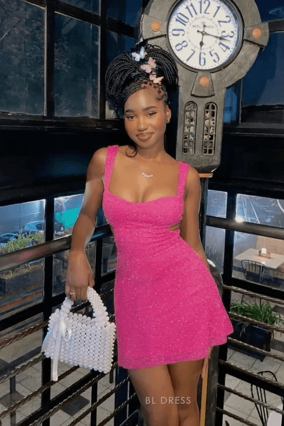Trendy A-Line Square Neck Sleeveless Cutout Hot Pink Mini Homecoming Dress