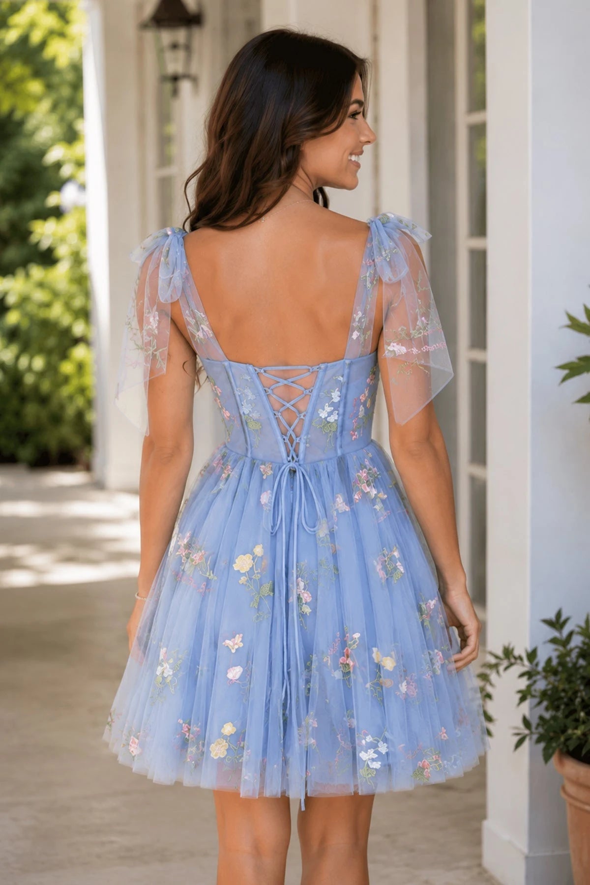 Trendy A-Line Sweetheart Spaghetti Straps Embroidered Floral Dusty Blue Short Homecoming Dress for Women