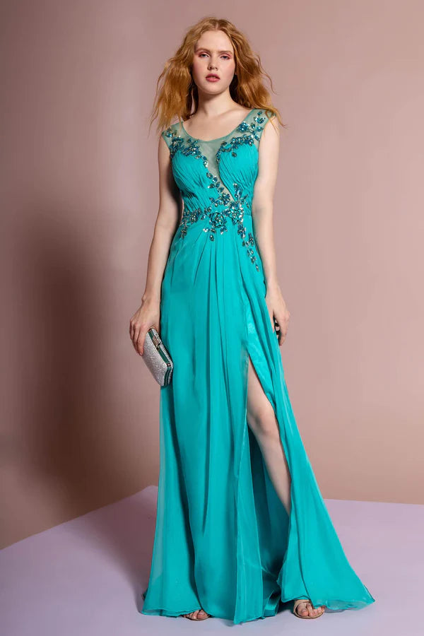 Turquoise Cap Sleeve Prom Dress With Beaded Bodice And Chiffon Skirt Formal Prom Dress