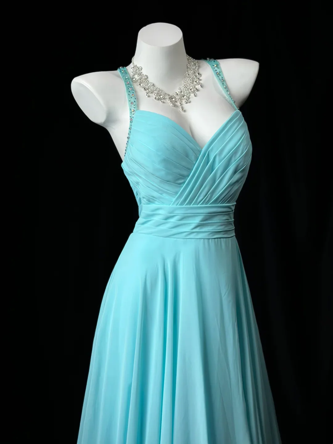 Turquoise Halter A-Line Prom Dress With Beaded Crisscross Back Chiffon Formal Prom Dress