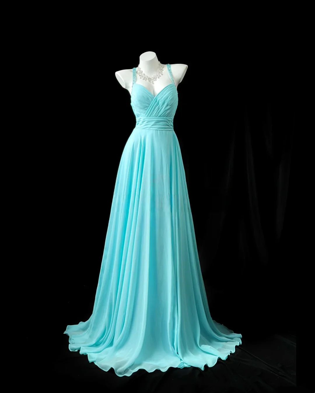 Turquoise Halter A-Line Prom Dress With Beaded Crisscross Back Chiffon Formal Prom Dress