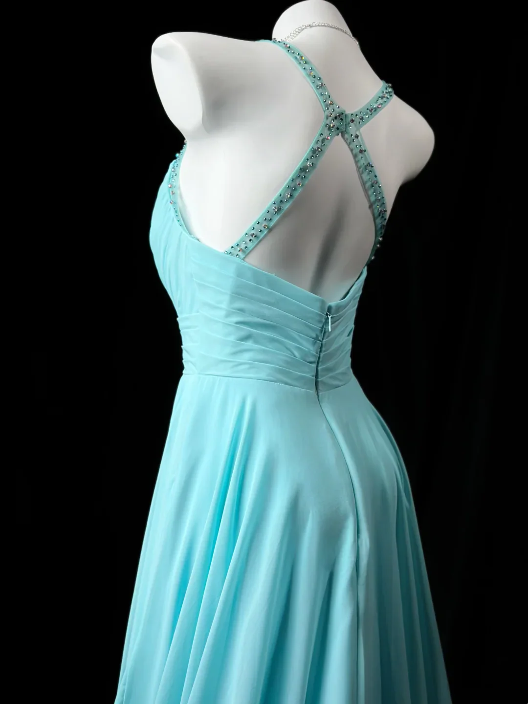 Turquoise Halter A-Line Prom Dress With Beaded Crisscross Back Chiffon Formal Prom Dress