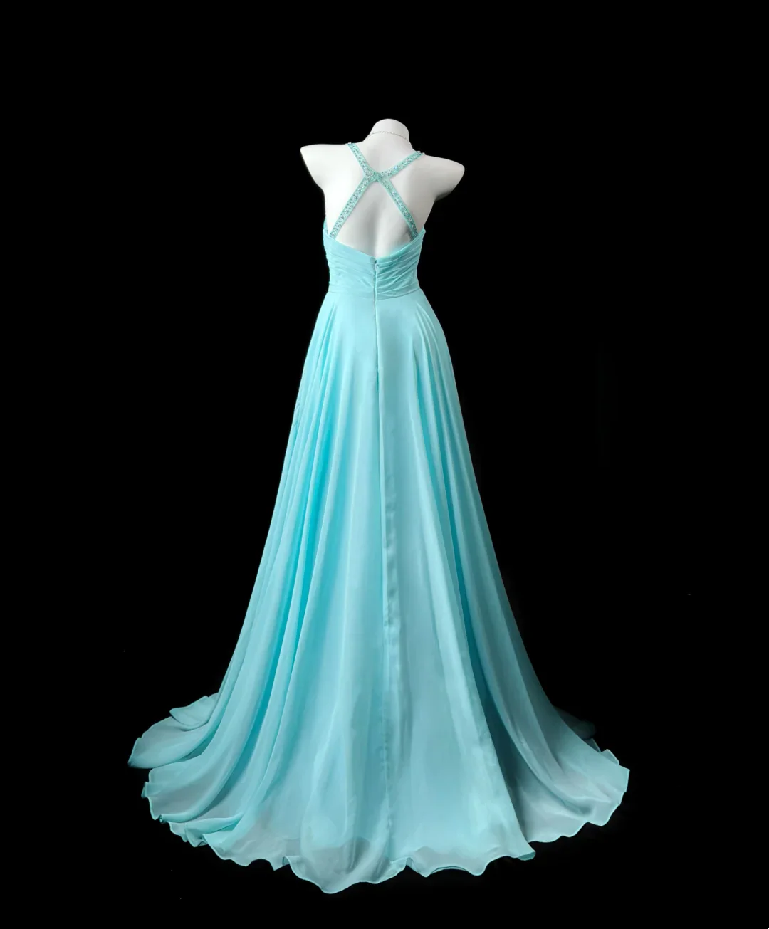 Turquoise Halter A-Line Prom Dress With Beaded Crisscross Back Chiffon Formal Prom Dress