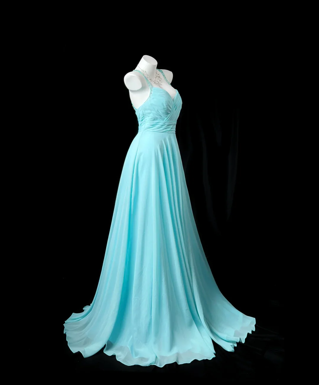 Turquoise Halter A-Line Prom Dress With Beaded Crisscross Back Chiffon Formal Prom Dress