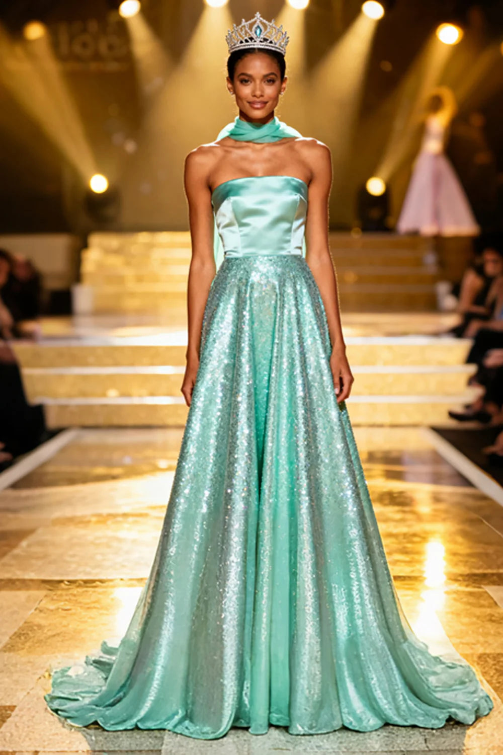 Turquoise Halter Prom Dress With Satin Bodice And Sequin Tulle A Line Skirt For Formal Evening Party
