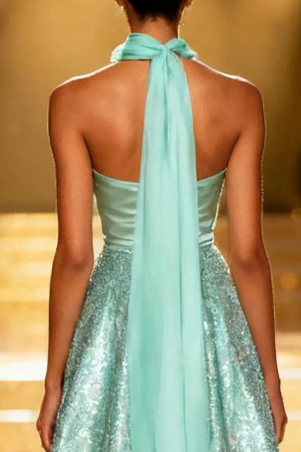 Turquoise Halter Prom Dress With Satin Bodice And Sequin Tulle A Line Skirt For Formal Evening Party