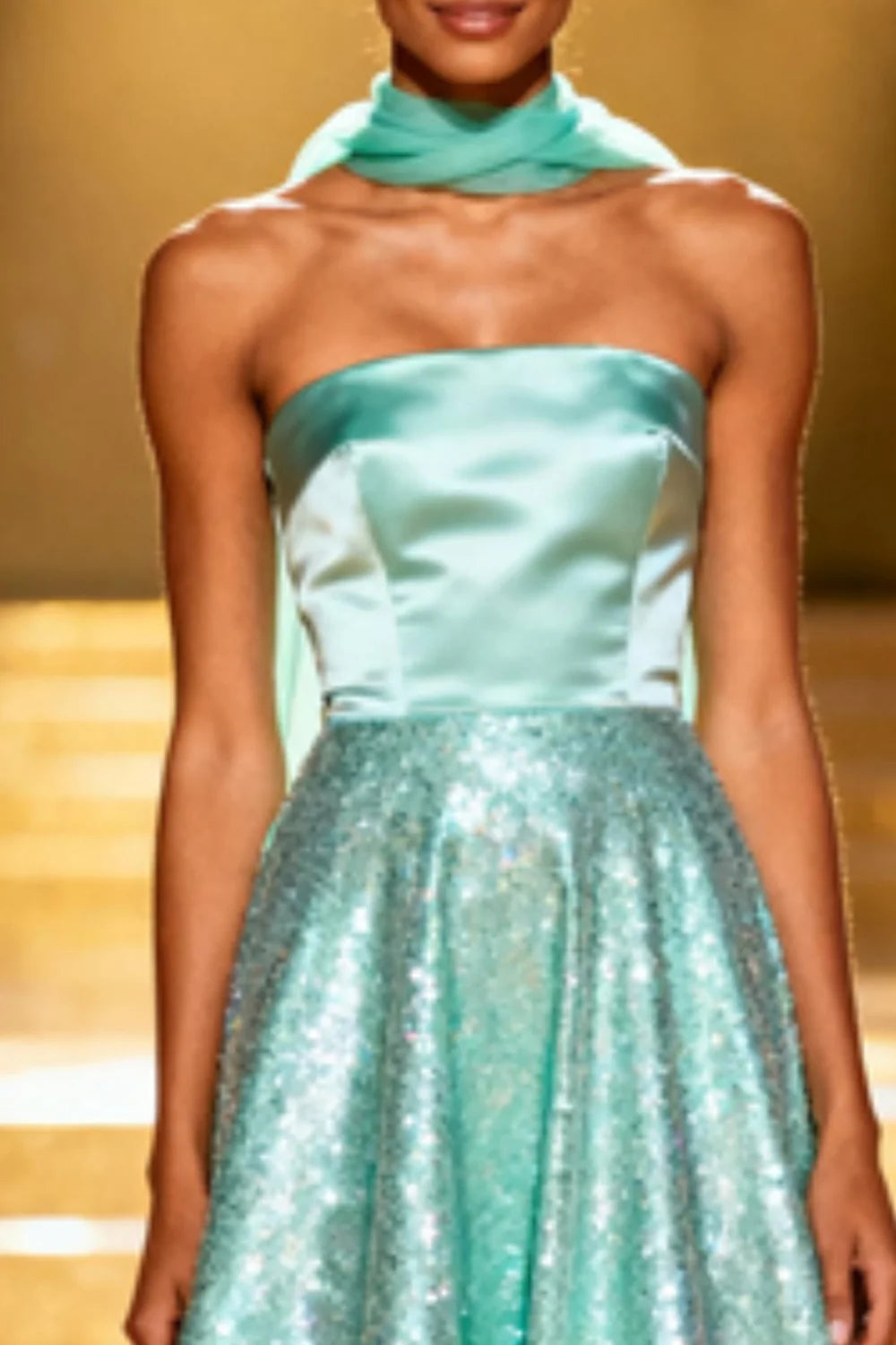 Turquoise Halter Prom Dress With Satin Bodice And Sequin Tulle A Line Skirt For Formal Evening Party