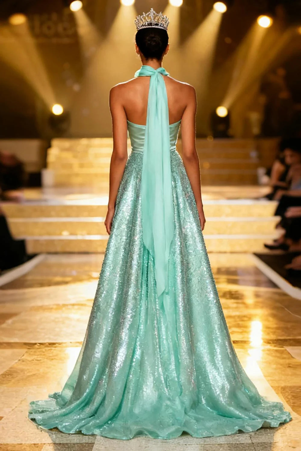 Turquoise Halter Prom Dress With Satin Bodice And Sequin Tulle A Line Skirt For Formal Evening Party