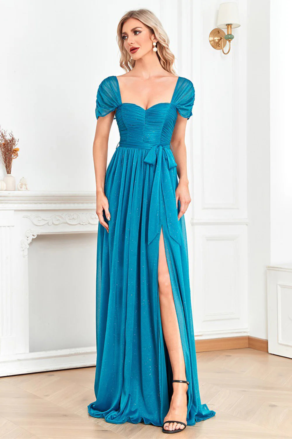 Turquoise Off The Shoulder Prom Dress With Puff Sleeves And High Slit Sparkle Tulle A Line Skirt For Formal Evening Party