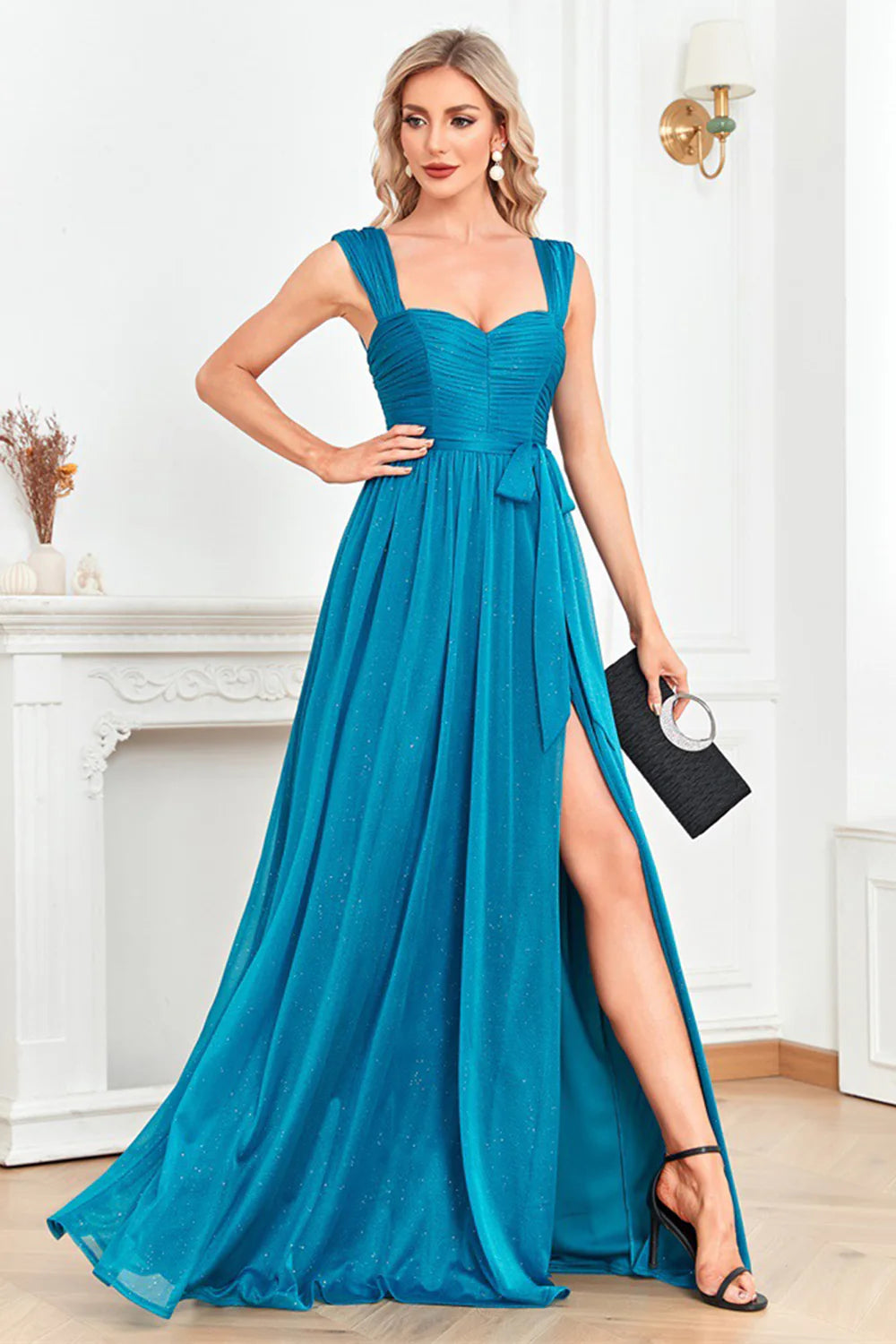 Turquoise Off The Shoulder Prom Dress With Puff Sleeves And High Slit Sparkle Tulle A Line Skirt For Formal Evening Party