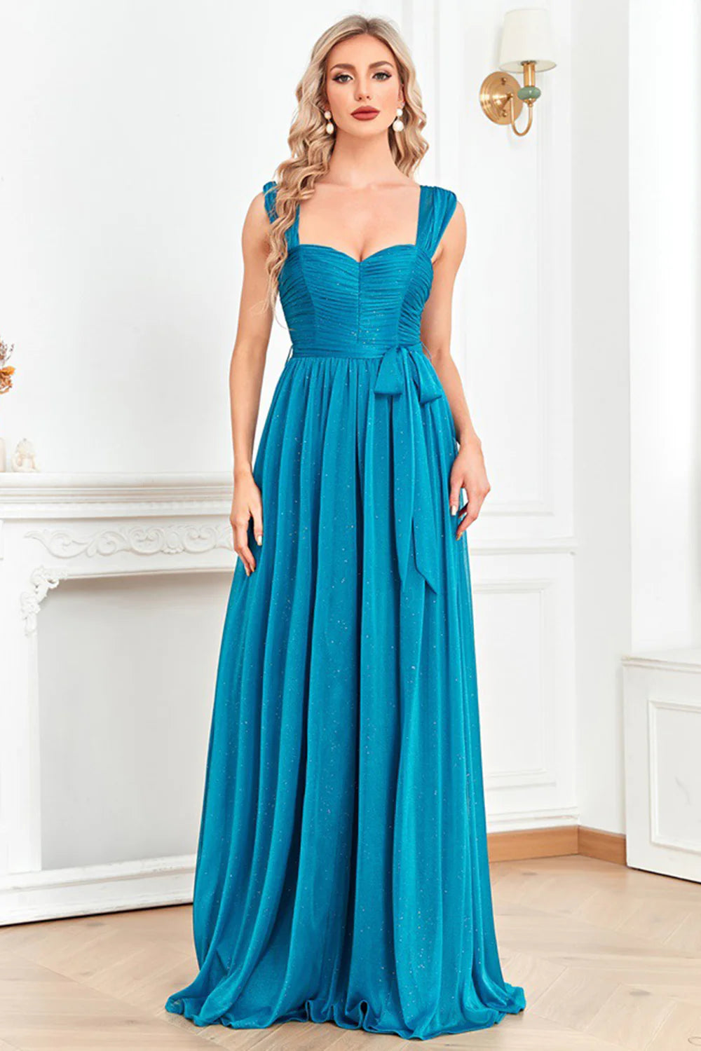 Turquoise Off The Shoulder Prom Dress With Puff Sleeves And High Slit Sparkle Tulle A Line Skirt For Formal Evening Party