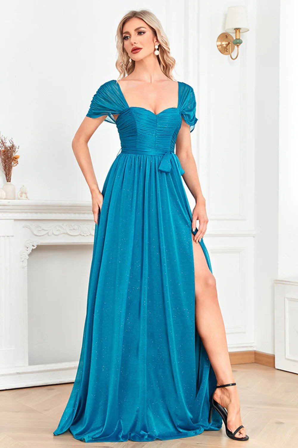 Turquoise Off The Shoulder Prom Dress With Puff Sleeves And High Slit Sparkle Tulle A Line Skirt For Formal Evening Party