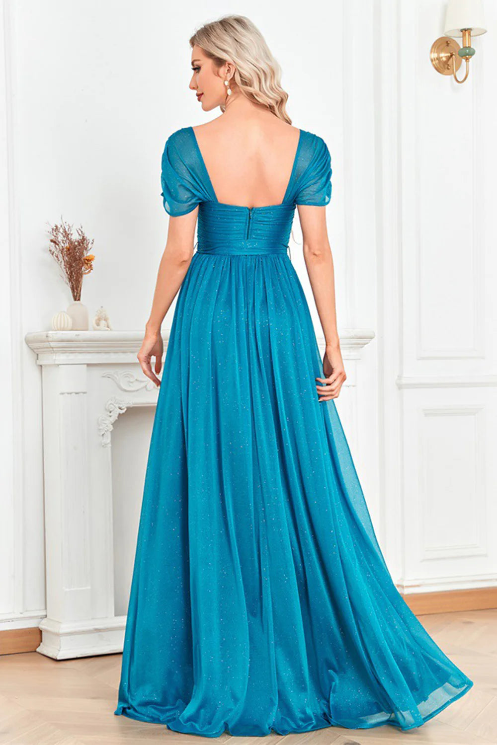 Turquoise Off The Shoulder Prom Dress With Puff Sleeves And High Slit Sparkle Tulle A Line Skirt For Formal Evening Party