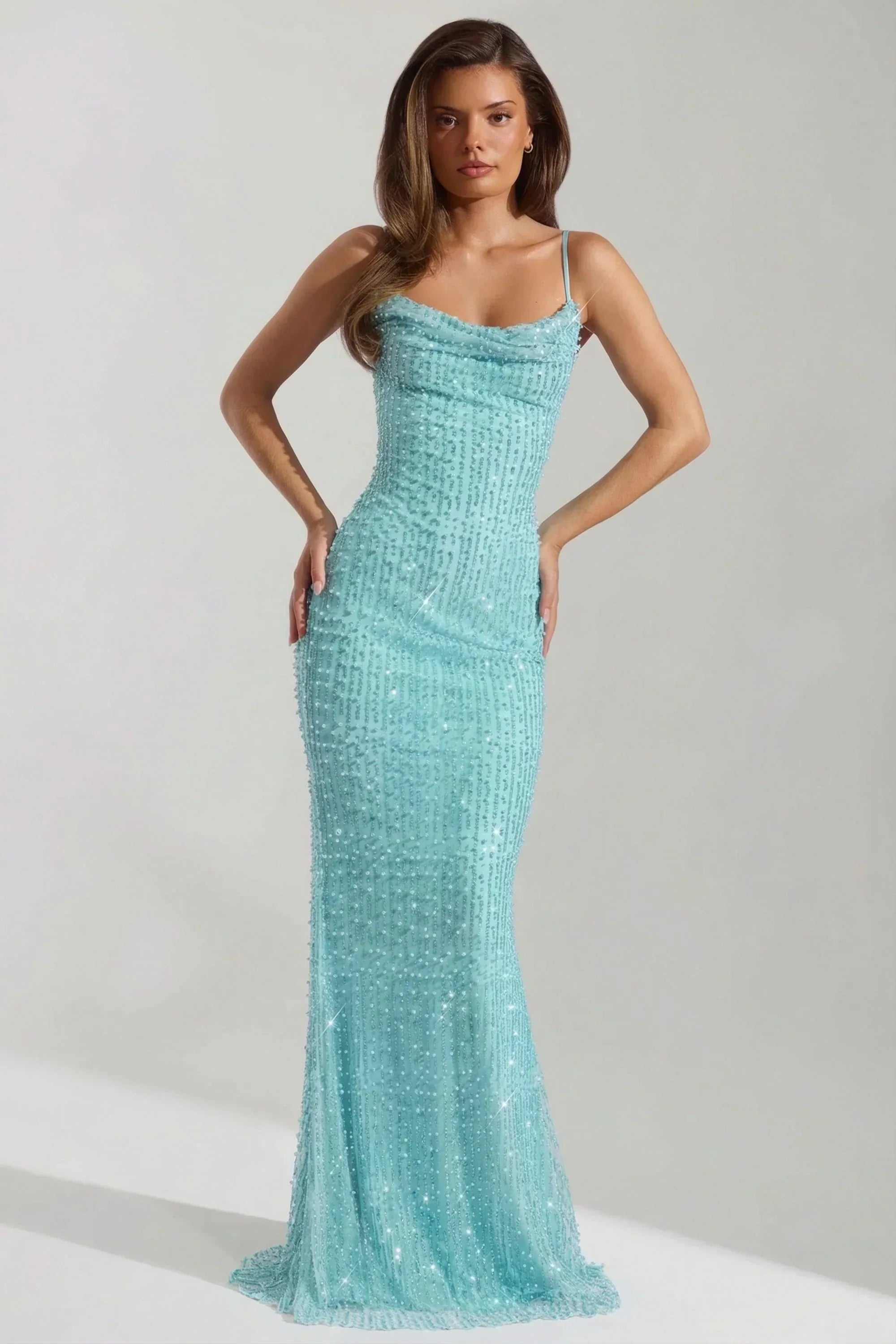 Turquoise Spaghetti Strap Cowl Neck Beaded Mermaid Open Back Formal Evening Prom Dress