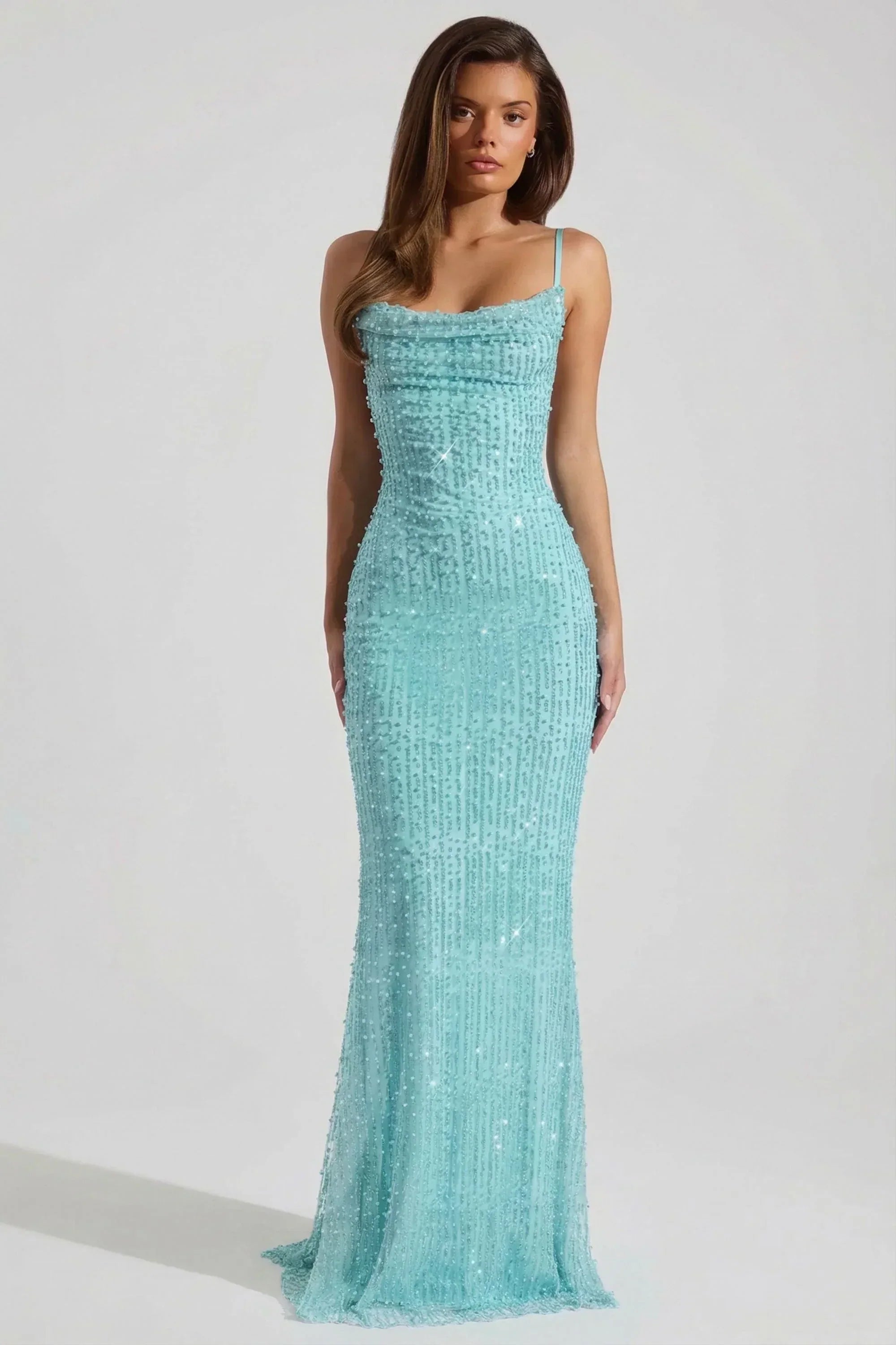 Turquoise Spaghetti Strap Cowl Neck Beaded Mermaid Open Back Formal Evening Prom Dress