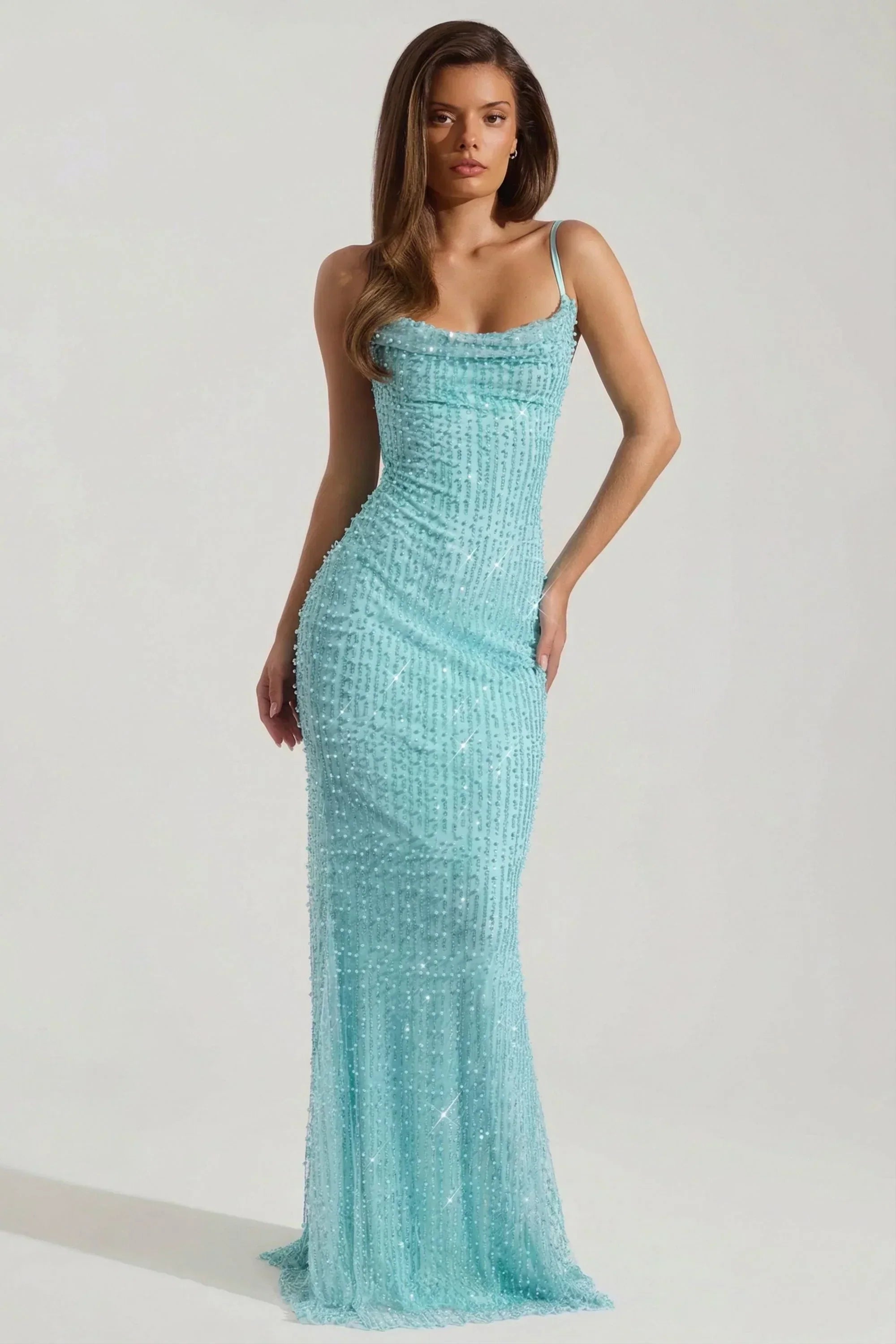 Turquoise Spaghetti Strap Cowl Neck Beaded Mermaid Open Back Formal Evening Prom Dress