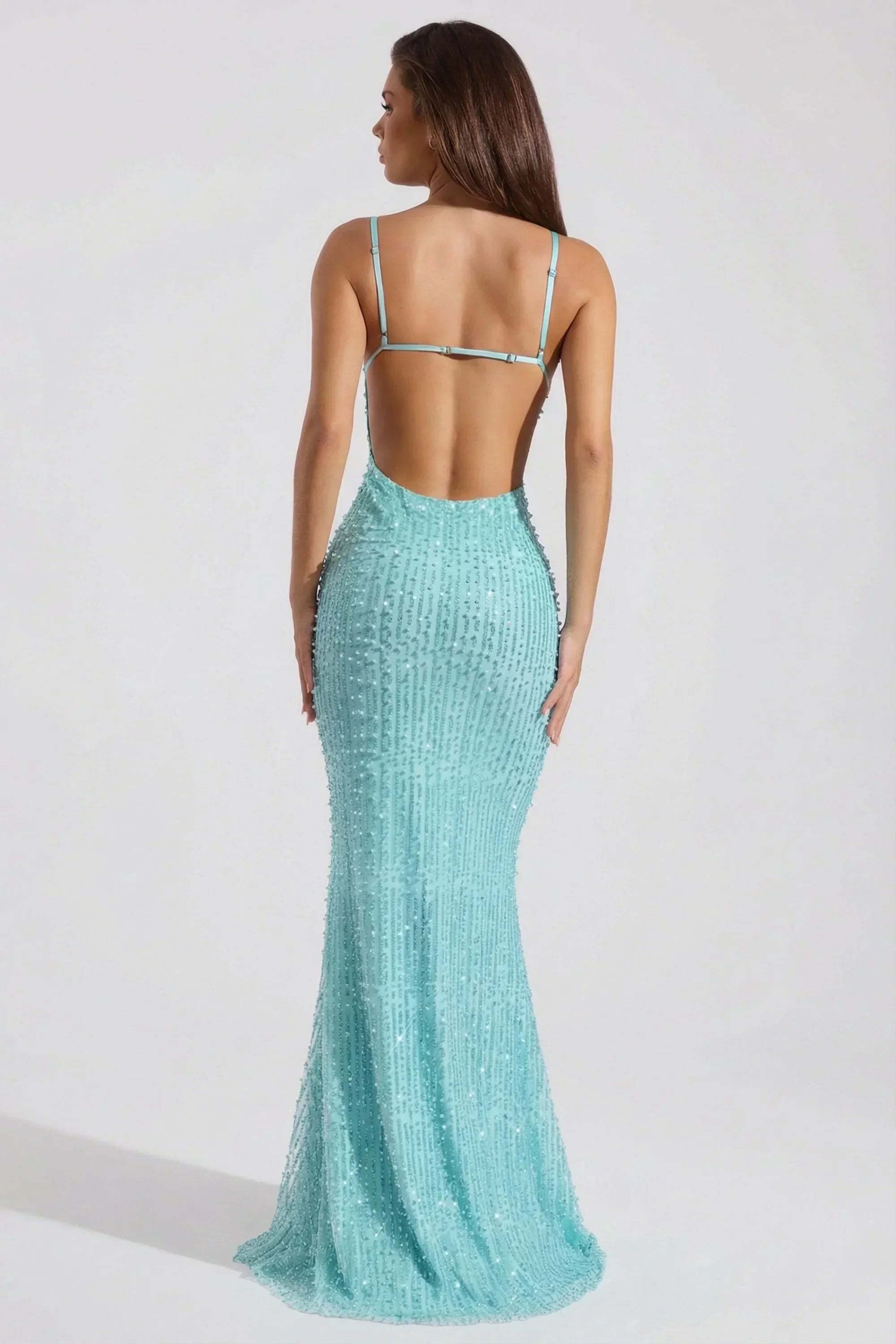 Turquoise Spaghetti Strap Cowl Neck Beaded Mermaid Open Back Formal Evening Prom Dress