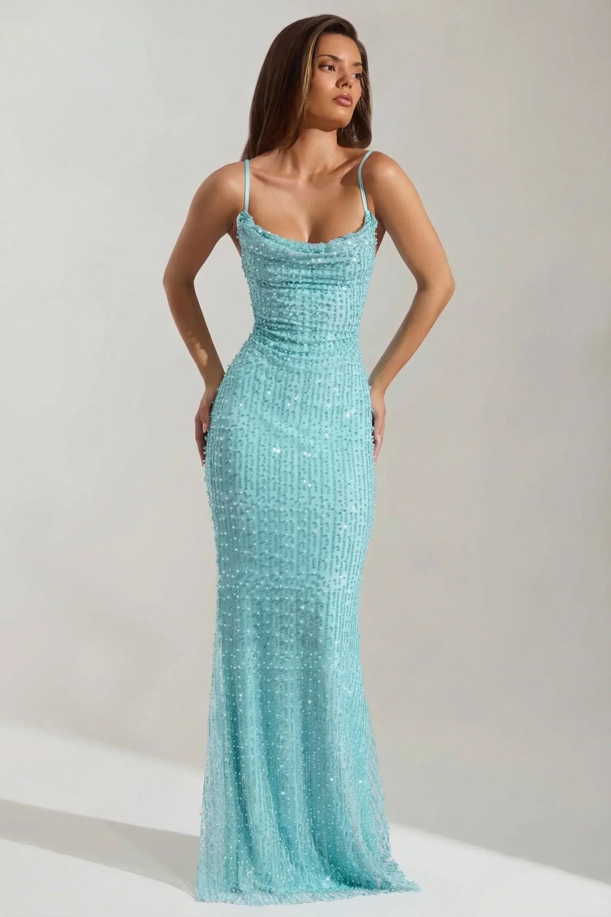 Turquoise Spaghetti Strap Cowl Neck Beaded Mermaid Open Back Formal Evening Prom Dress