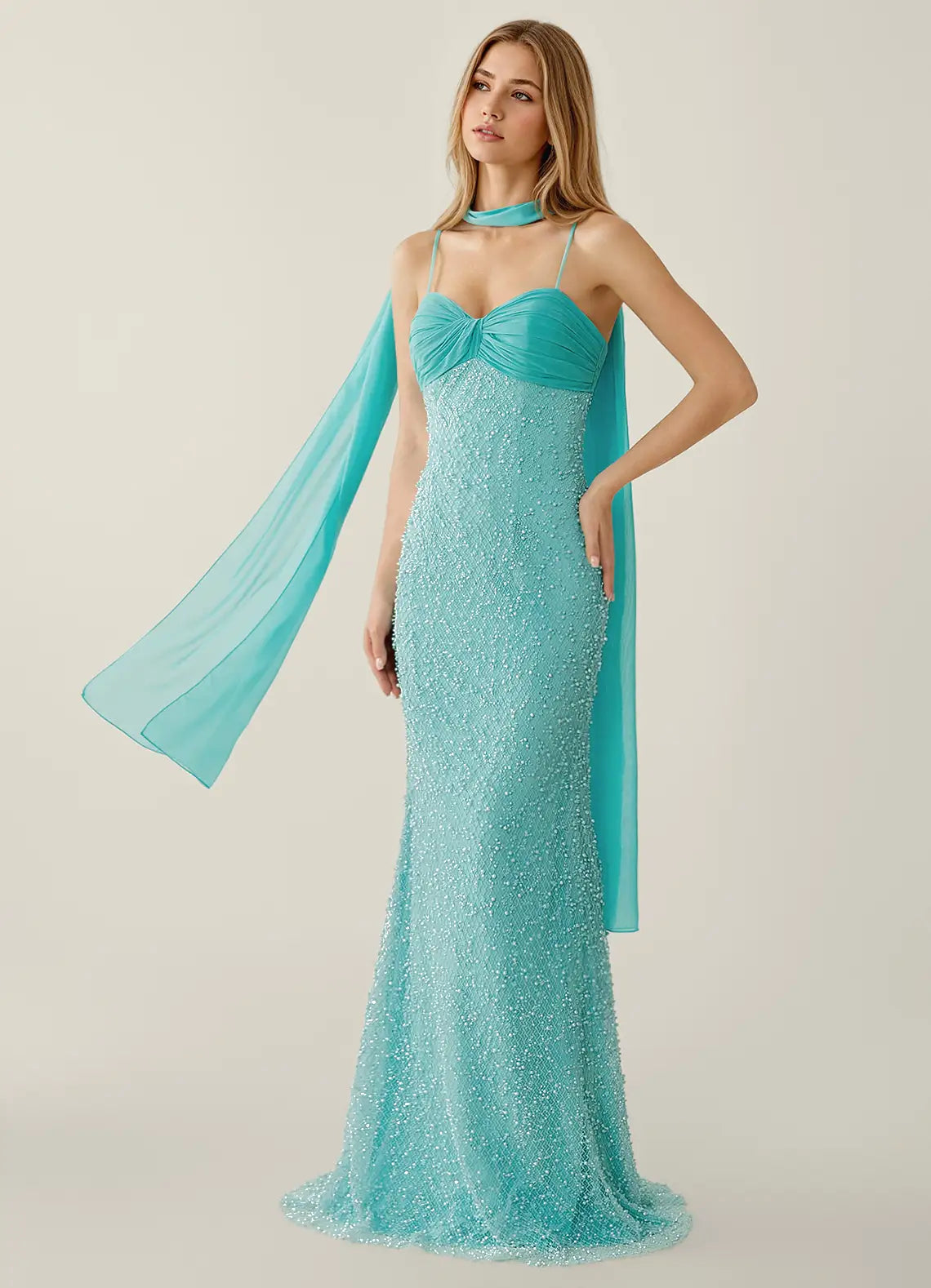 Turquoise Spaghetti Strap Prom Dress With Sweetheart Neck Detachable Scarf Beaded And Mermaid Formal Prom Dress