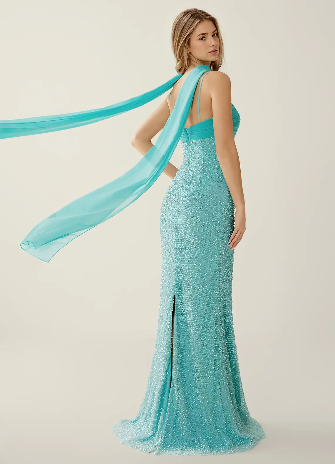 Turquoise Spaghetti Strap Prom Dress With Sweetheart Neck Detachable Scarf Beaded And Mermaid Formal Prom Dress