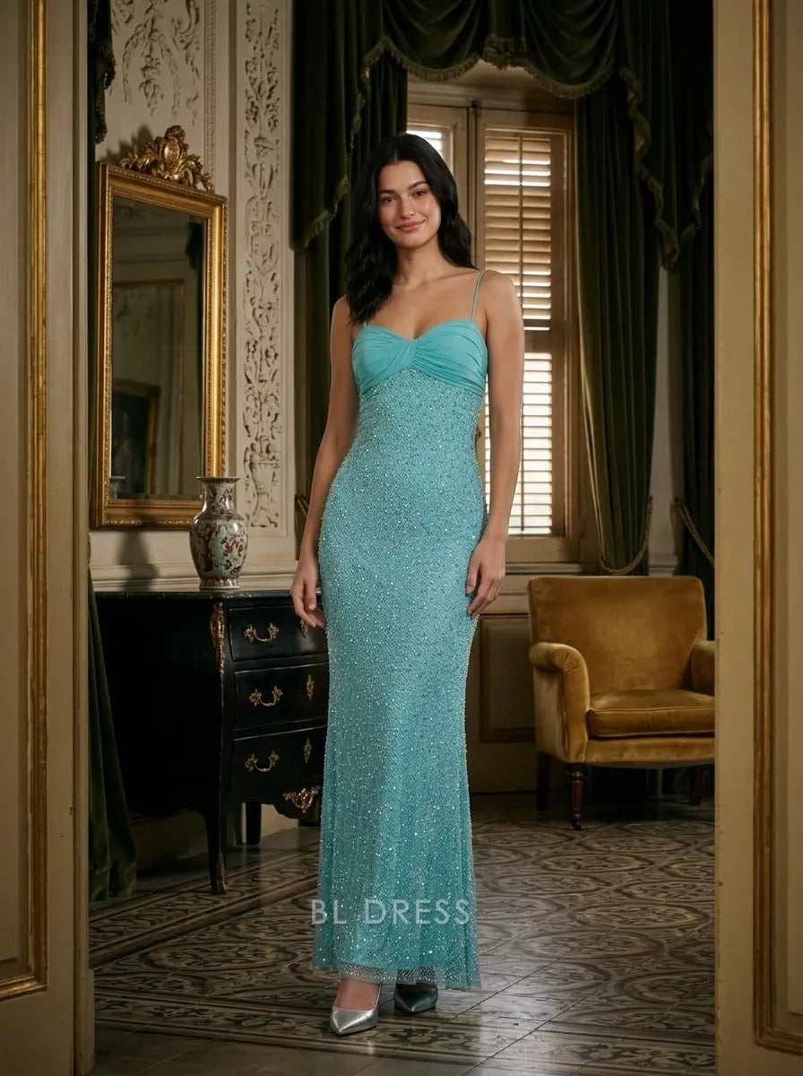 Turquoise Spaghetti Strap Twist Sweetheart Neck Chiffon Sash Beaded Mermaid Formal Evening Prom Dress