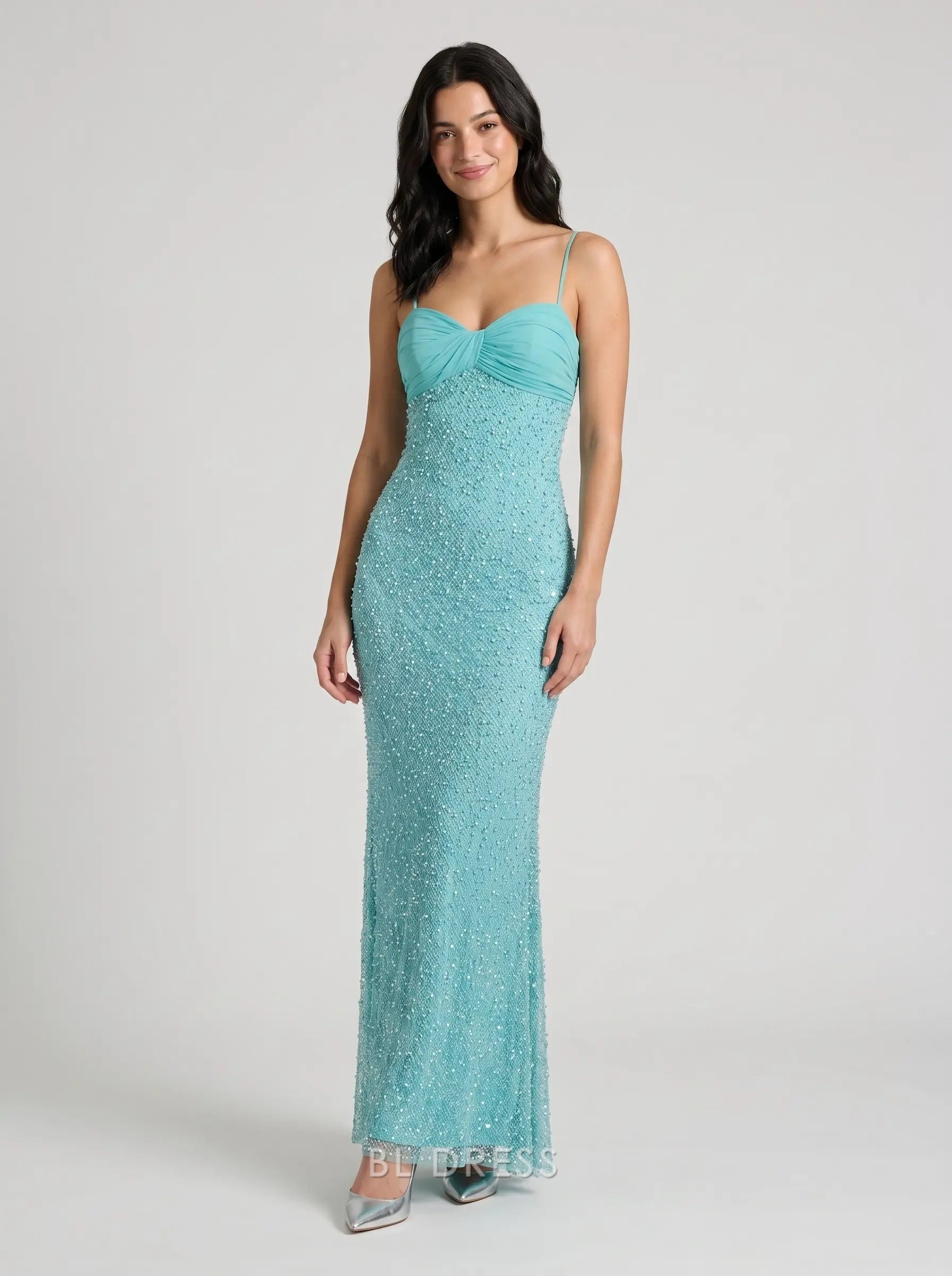 Turquoise Spaghetti Strap Twist Sweetheart Neck Chiffon Sash Beaded Mermaid Formal Evening Prom Dress
