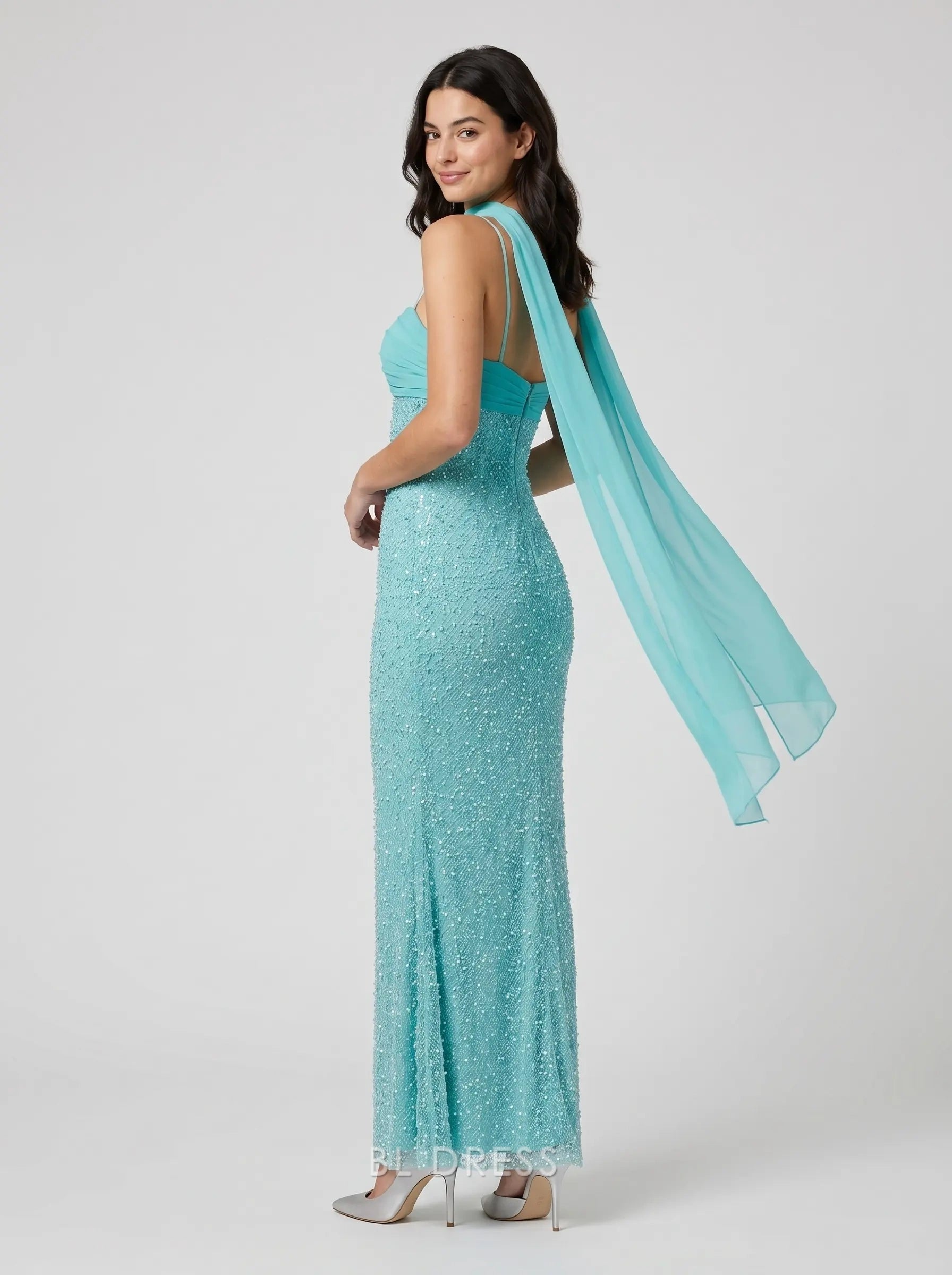 Turquoise Spaghetti Strap Twist Sweetheart Neck Chiffon Sash Beaded Mermaid Formal Evening Prom Dress