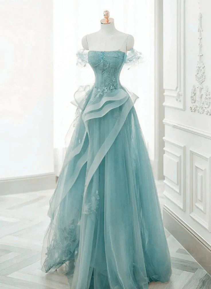Turquoise Tulle Ball Gown Off The Shoulder Sweetheart Neck Short Puff Sleeve Beaded Floor Length Formal Evening Prom Dress