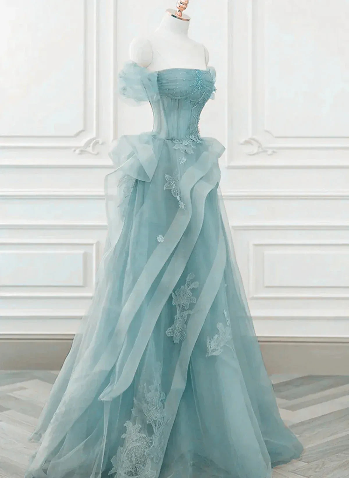 Turquoise Tulle Ball Gown Off The Shoulder Sweetheart Neck Short Puff Sleeve Beaded Floor Length Formal Evening Prom Dress